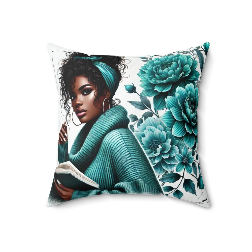 Bohemian Floral Throw Pillow with Woman Reading Design Printify