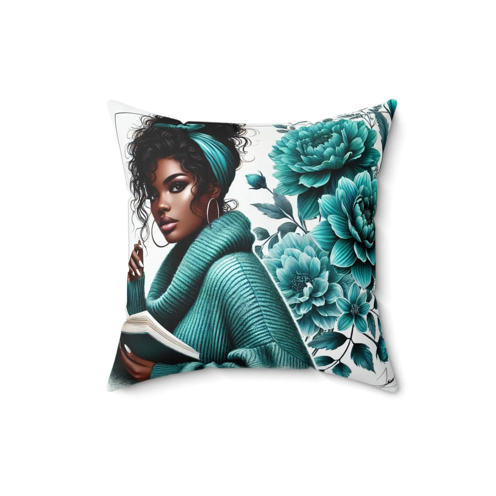 Bohemian Floral Throw Pillow with Woman Reading Design Printify