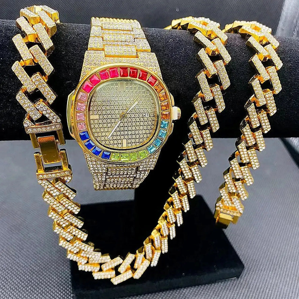 Luxury Men's or Women's Hip Hop Jewelry Set Iced Out Diamond Watch Necklace Bracelet Crystal Cuban Chains Women Gold Watch Yiwu Kiki Accessory-ALI