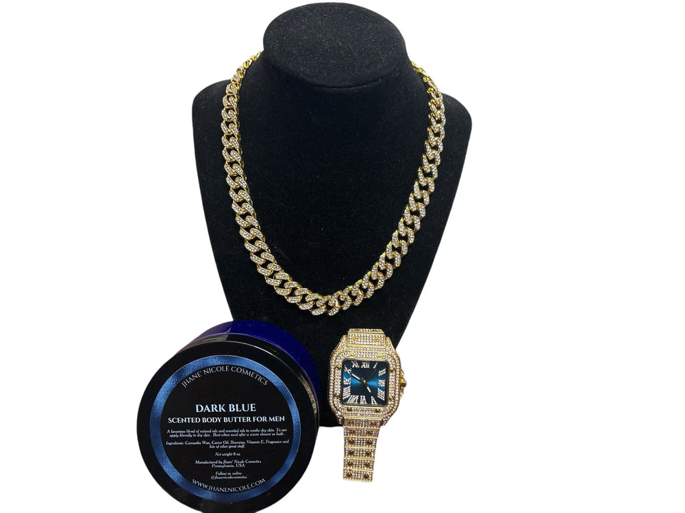 Dark Blue Men's Body Butter, Square, Blue-Faced Luxury Watch and Miami Cuban Link Chain Gift Set Jhane' Nicole