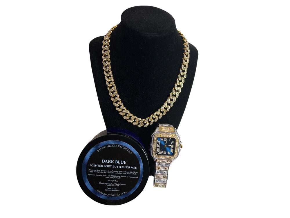 Dark Blue Men's Body Butter, Square, Blue-Faced Luxury Watch and Miami Cuban Link Chain Gift Set Jhane' Nicole