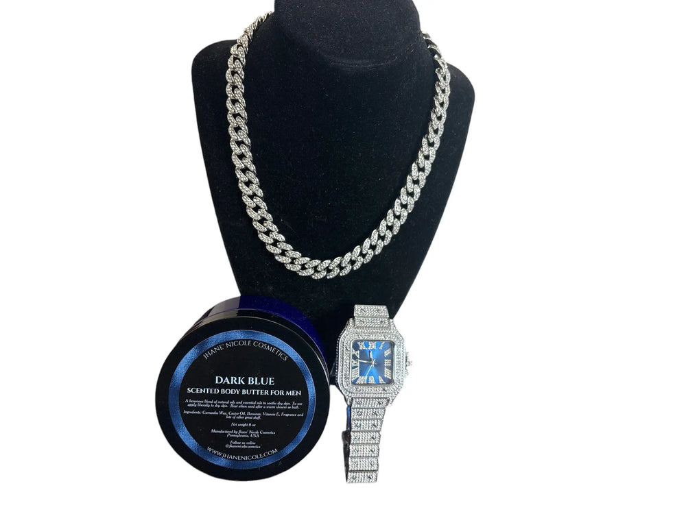 Dark Blue Men's Body Butter, Square, Blue-Faced Luxury Watch and Miami Cuban Link Chain Gift Set Jhane' Nicole