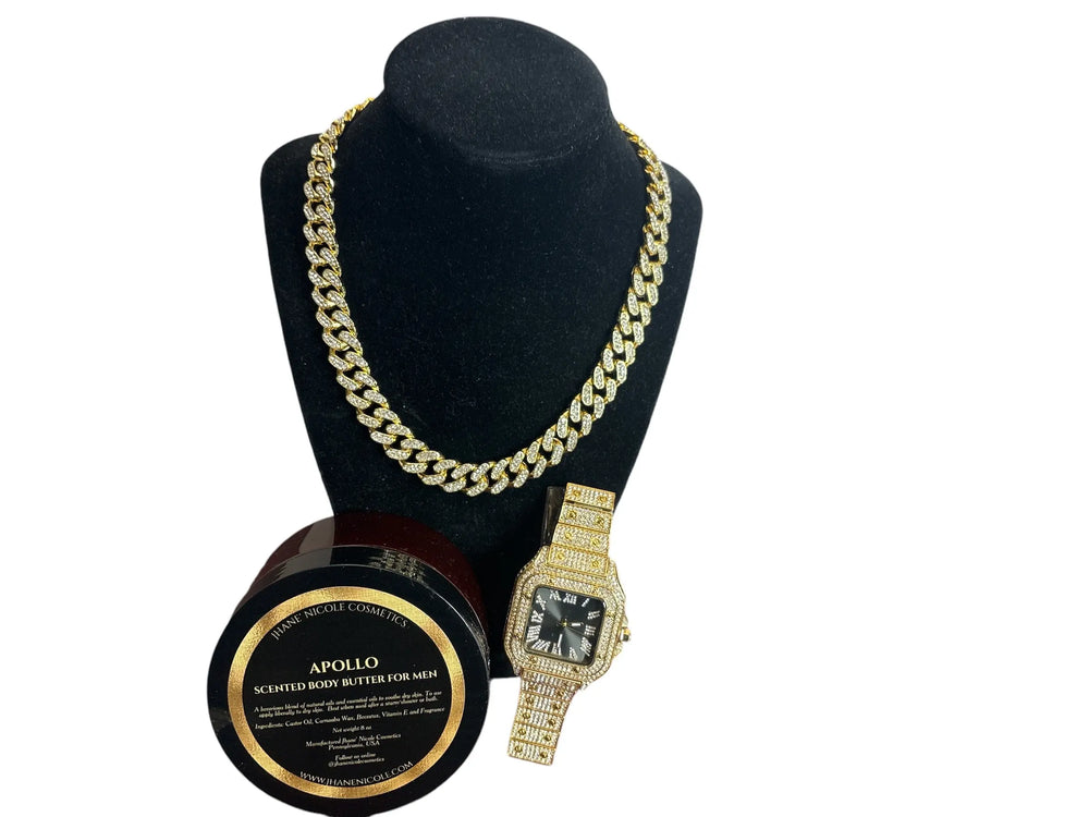 Apollo Men's Body Butter, Diamond VVS Dial Luxury Watch and Miami Cuban Link Chain Gift Set Jhane' Nicole Cosmetics