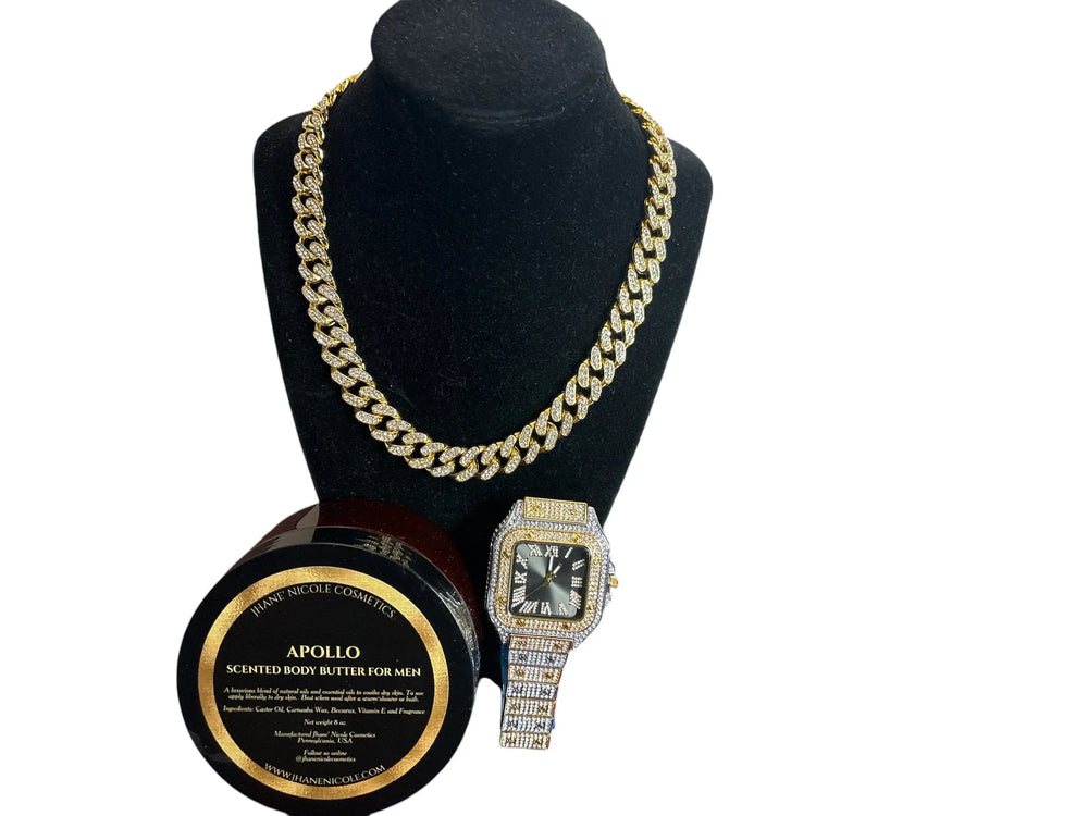 Apollo Men's Body Butter, Diamond VVS Dial Luxury Watch and Miami Cuban Link Chain Gift Set Jhane' Nicole Cosmetics