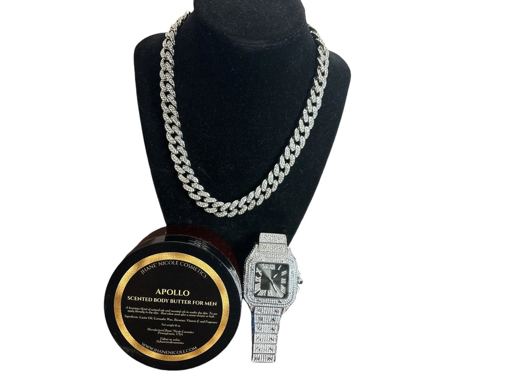 Apollo Men's Body Butter, Diamond VVS Dial Luxury Watch and Miami Cuban Link Chain Gift Set Jhane' Nicole Cosmetics