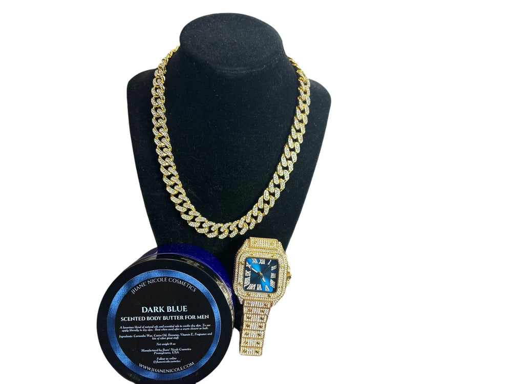 Dark Blue Men's Body Butter, Square, Blue-Faced Luxury Watch and Miami Cuban Link Chain Gift Set Jhane' Nicole