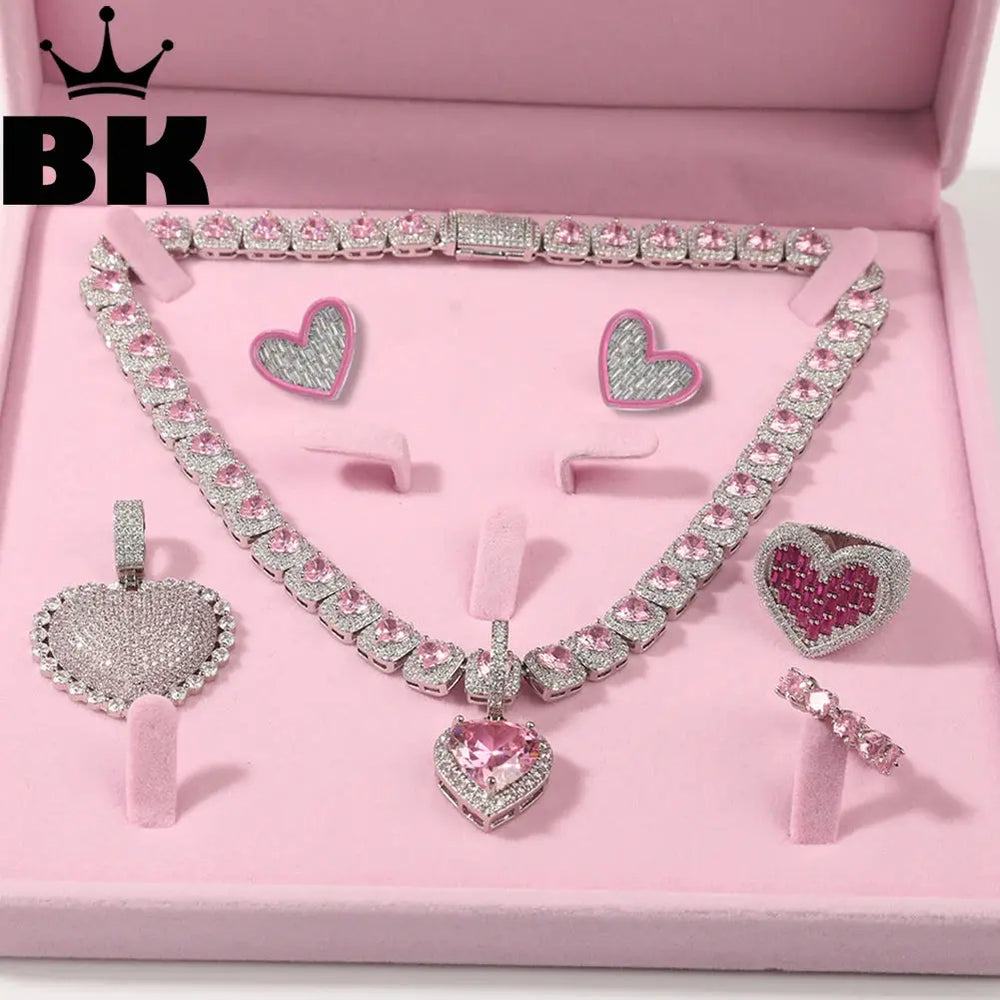 THE BLING KING Pink Jewelry Sets For Women CZ Heart Stone Chain Necklace Iced Out Pendants Micro Pave Earring Two Rings Romantic THE HIPHOPKING-Aliex