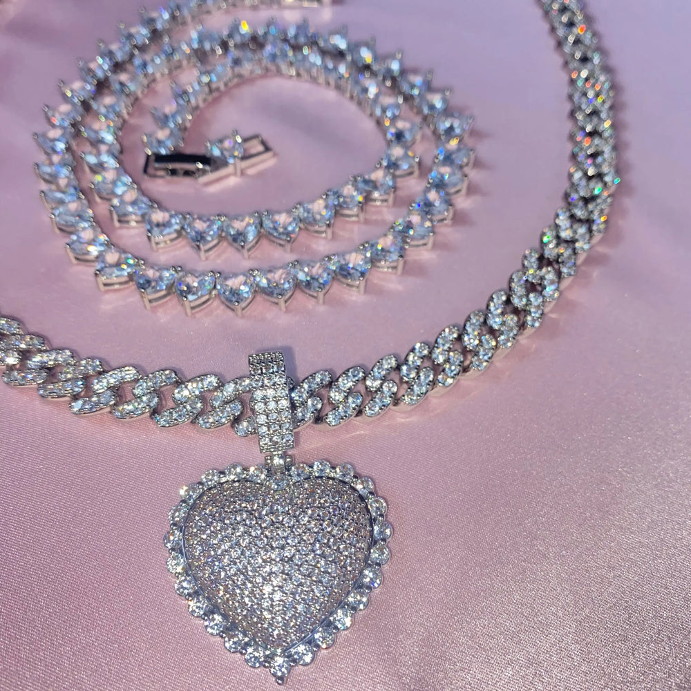 Heart Pendant Set - Heart Tennis Chain Or Cuban Link Chain Yiwu Quianye-Ali- TikTok