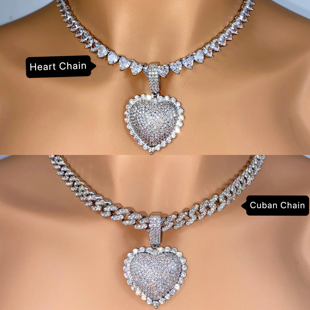 Heart Pendant Set - Heart Tennis Chain Or Cuban Link Chain Yiwu Quianye-Ali- TikTok