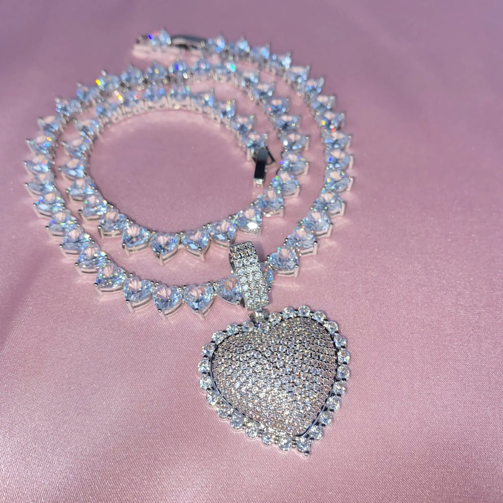 Heart Pendant Set - Heart Tennis Chain Or Cuban Link Chain Yiwu Quianye-Ali- TikTok